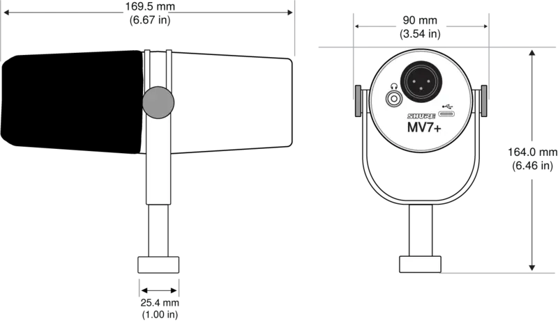Dimensions of the MV7 plus.